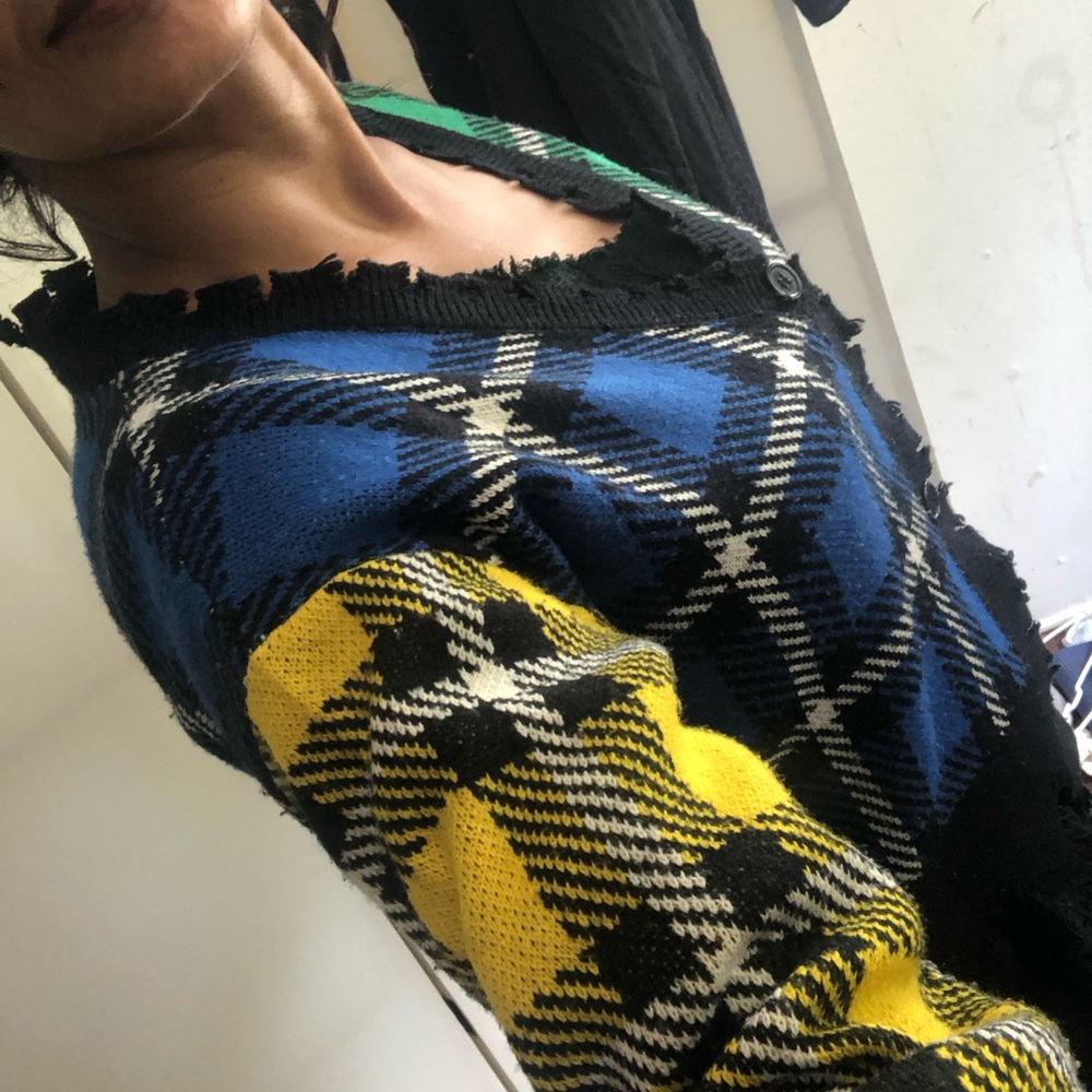 Plaid Knit Cardigan in Blue and Yellow with Distressed Trim